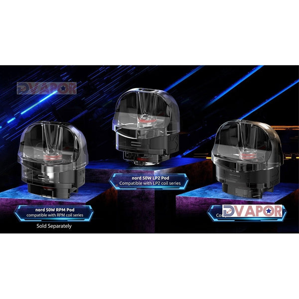 Set of three SMOK Nord 50 replacement vape pods compatible with RPM, LP2, and standard models.