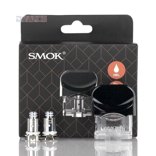 SMOK NORD replacement vape pod with two coils, compatible with SMOK vape devices, featuring a clear e-liquid chamber and coil slots.