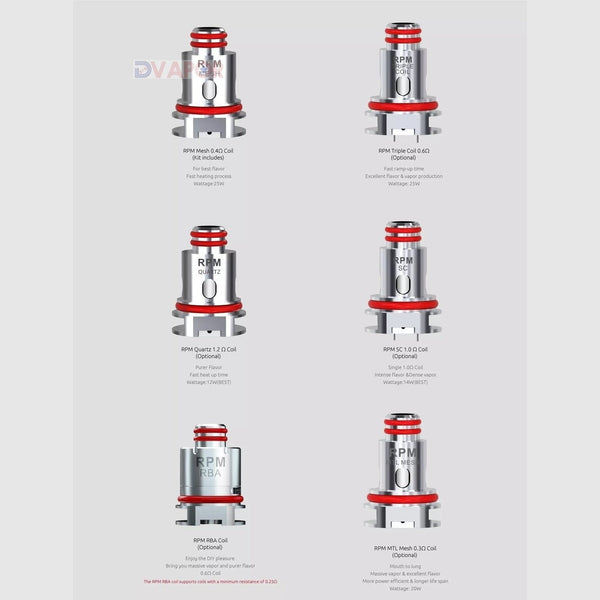SMOK RPM coils 5-pack for vape devices, showing replacement coil heads with metal and wicking material inside.