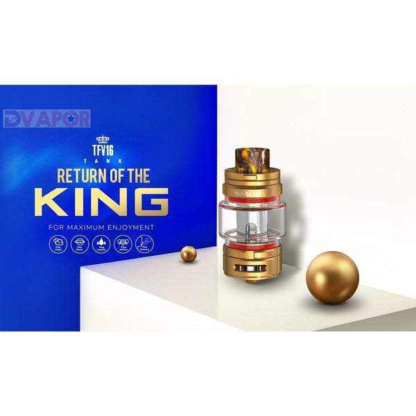 SMOK TFV16 vape tank full kit with extra coils and glass, featuring a sleek design and clear e-liquid chamber.