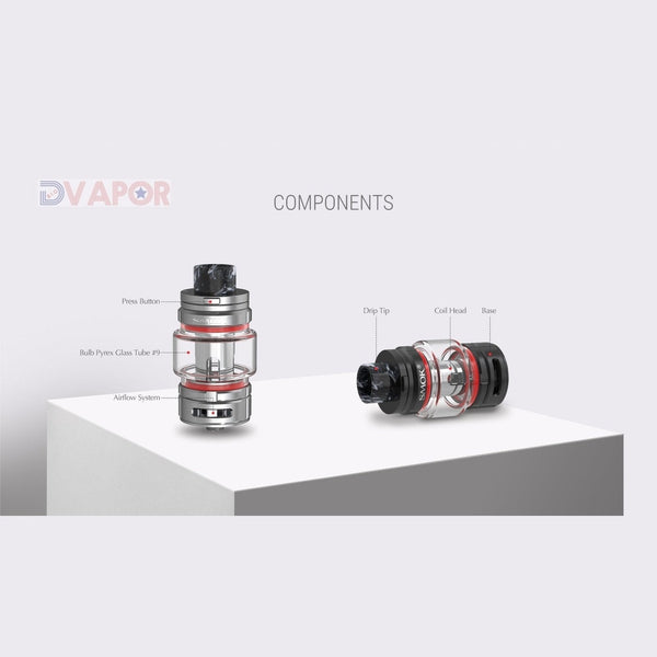 SMOK TFV16 vape tank full kit with extra coils and glass, showcasing the large sub-ohm tank and included accessories.