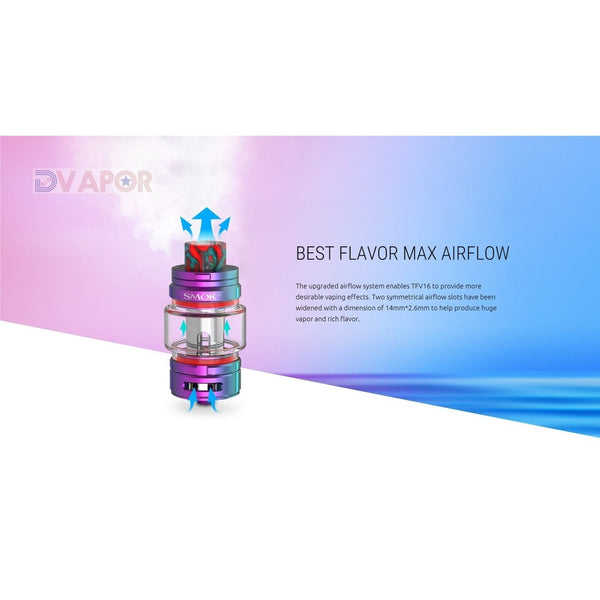 SMOK TFV16 vape tank full kit with extra coils and glass, showcasing the large, cylindrical vape part with detailed airflow and drip tip
