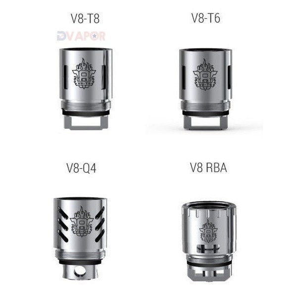 SMOK TFV8 Coils 3-Pack with V8-T10, V8-T8, V8-T6, and V8-Q4 vape coils for e-cigarettes, featuring multiple coil types.