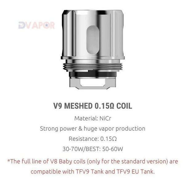 SMOK TFV9 Mesh Coils 0.15 Ohm, 5-pack for vape devices, featuring mesh coil design for enhanced flavor and vapor production.